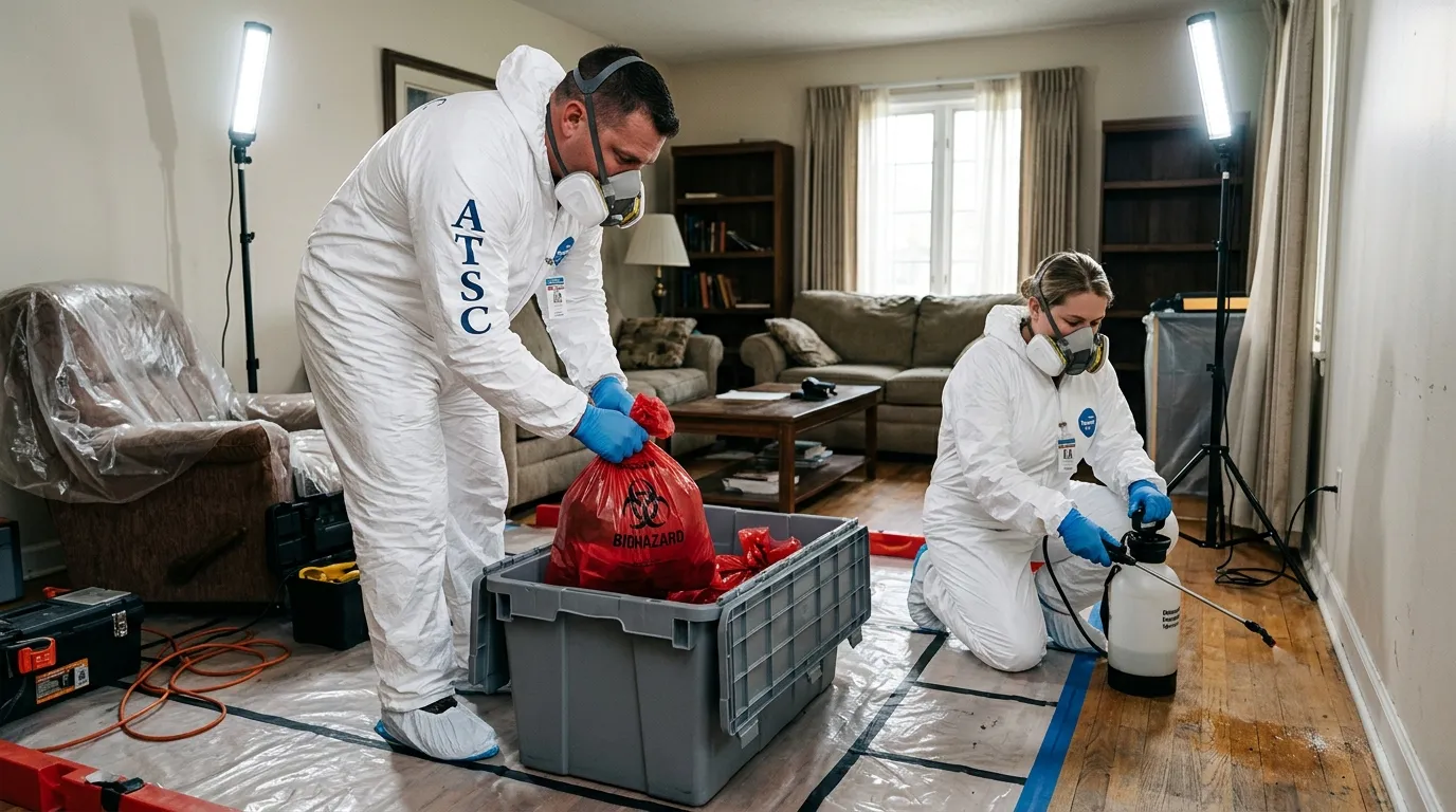 Professional Hazmat Cleanup technician in full PPE working in Ahwatukee Foothills